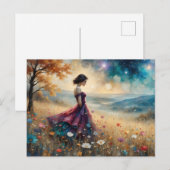 花の丘の上にカラフルのガウンの女性 ポストカード (正面/裏面)
