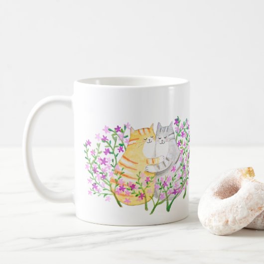 花の中で寄り添うかわいい猫のカップル 猫好きさんへ コーヒーマグカップ (ドーナツ)