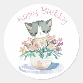 花の中で遊ぶ猫 | 女の子の誕生日ネーム ラウンドシール