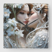 花の中で2人の女性を抱き締めること スクエア壁時計 (正面)