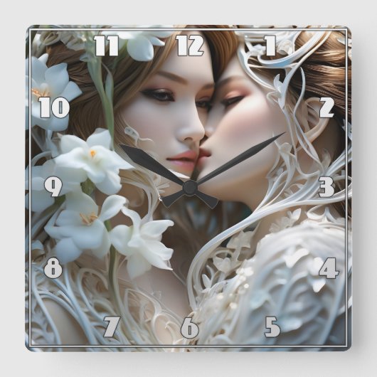 花の中で2人の女性を抱き締めること スクエア壁時計 (正面)