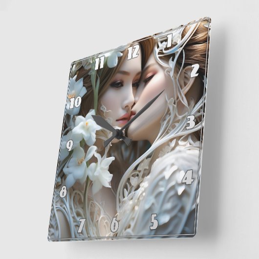 花の中で2人の女性を抱き締めること スクエア壁時計 (傾斜)