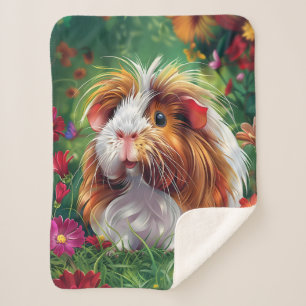 花の中に長い毛のモルモット シェルパブランケット