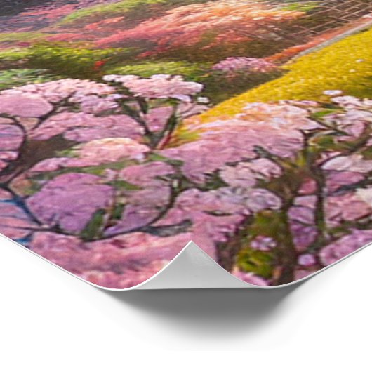 花の中に隠れた木造の神社 ポスター (角)