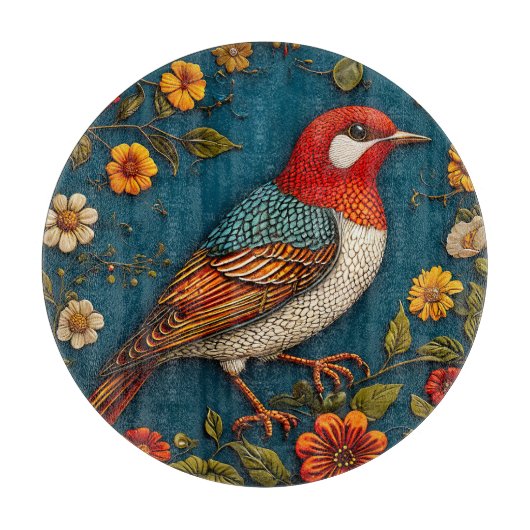 花の中に隠れカラフルた鳥 カッティングボード (正面)