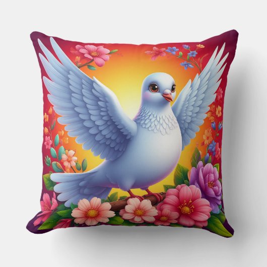 花の中に隠れカラフルた鳥 クッション (正面)