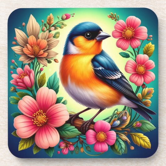 花の中に隠れカラフルた鳥 コースター (正面)