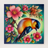 花の中に隠れカラフルた鳥 ジグソーパズル (横)