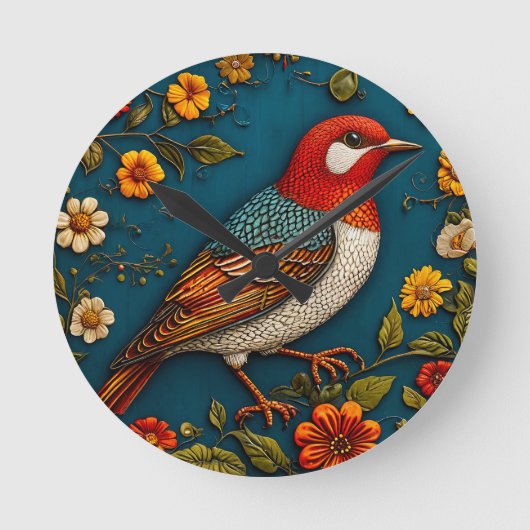 花の中に隠れカラフルた鳥 ラウンド壁時計 (正面)