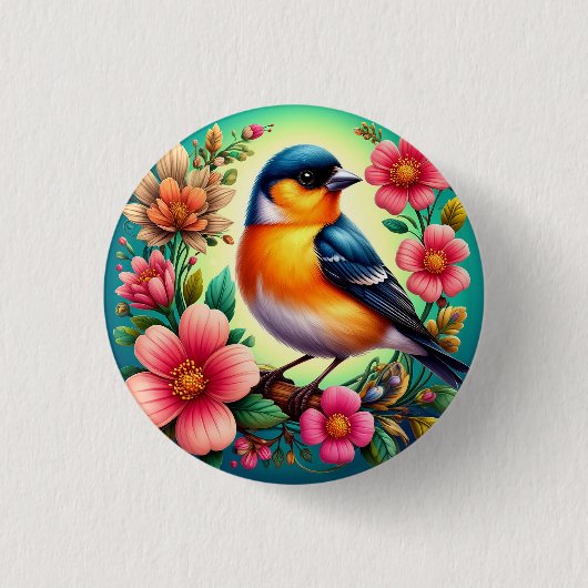 花の中に隠れカラフルた鳥 缶バッジ (正面)