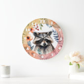 花の中のかわいいタヌキ ラージ壁時計 (ホーム)
