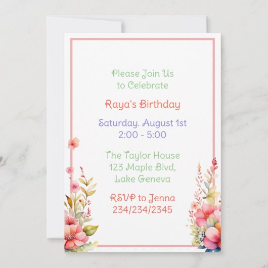 花の中のウサギ少女の誕生日パーティー 招待状 (裏面)