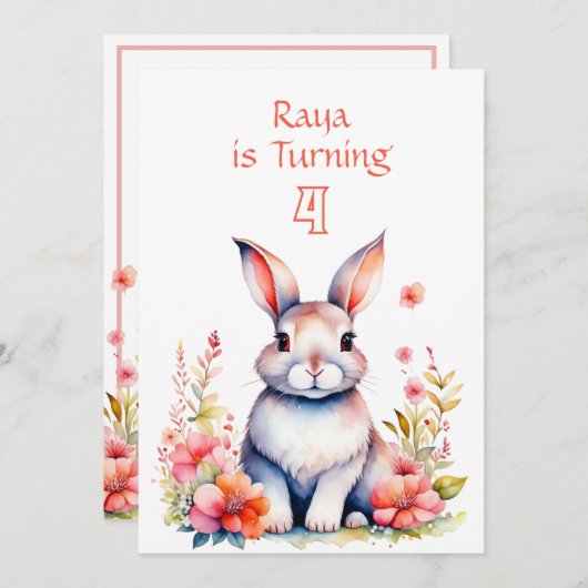 花の中のウサギ少女の誕生日パーティー 招待状 (正面/裏面)