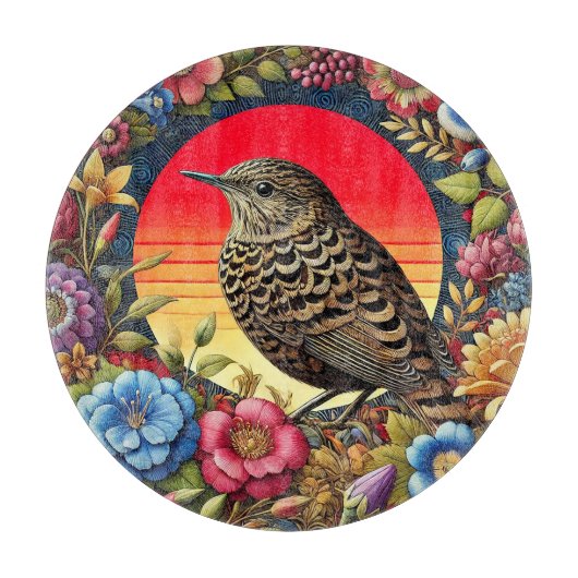 花の中のカラフル鳥 カッティングボード (正面)