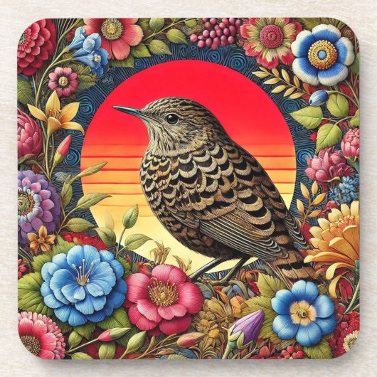 花の中のカラフル鳥 コースター (正面)