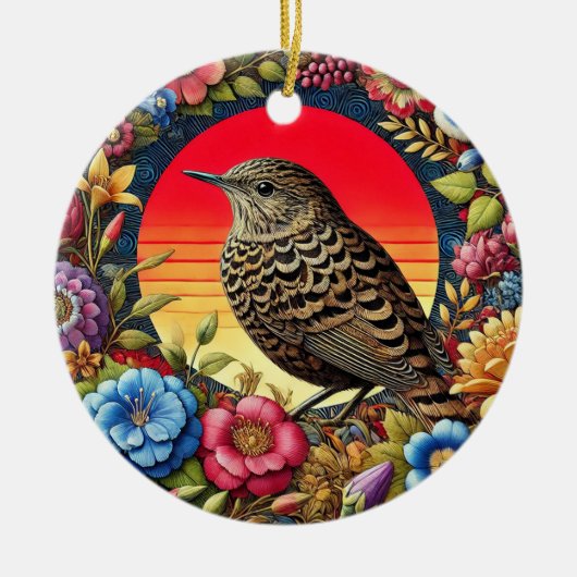 花の中のカラフル鳥 セラミックオーナメント (正面)