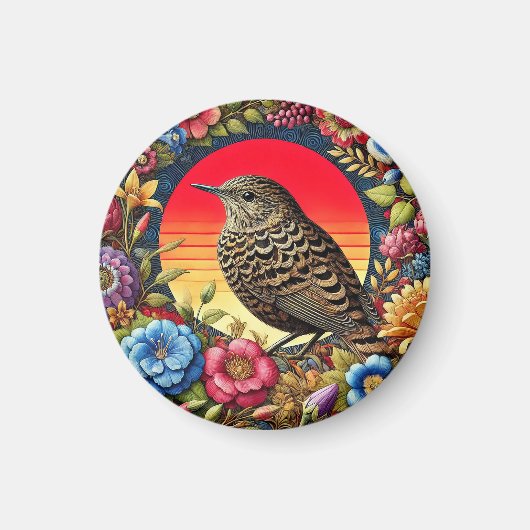 花の中のカラフル鳥 マグネット (正面)