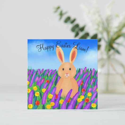 花の中のキュートなイースターバニー カード (スタンド正面)