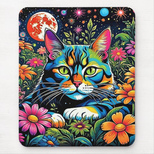 花の中のサイケデリックキャット マウスパッド (正面)