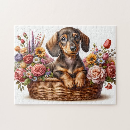 花の中のダックスフント ジグソーパズル (横)