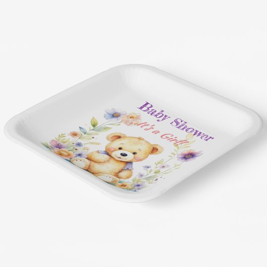 花の中のテディベア女の子の赤ちゃんシャワー ペーパープレート (傾斜あり)