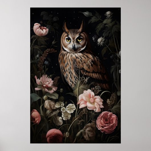 花の中のフクロウ プリント、肖像画 フクロウの花柄 壁 ポスター (正面)