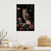 花の中のフクロウ プリント、肖像画 フクロウの花柄 壁 ポスター (キッチン)