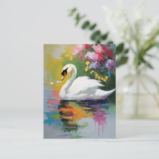 花の中の優雅な鮮やか白鳥 ポストカード (スタンド正面)
