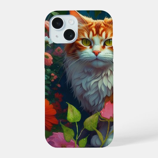 花の中の可愛いオレンジ色の猫  iPhone 15ケース (裏面)