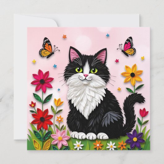 花の中の可愛いピンクの子猫 招待状 (正面)