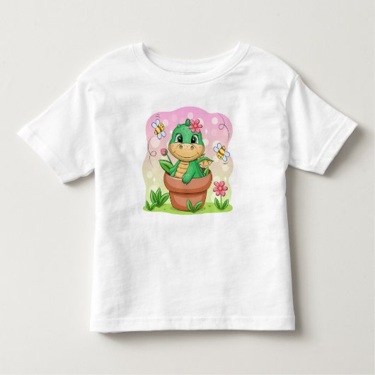 花の中の可愛い漫画の緑の竜ポット トドラーTシャツ (正面)