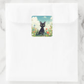 花の中の奇妙な黒カラフル猫 スクエアシール (バッグ)