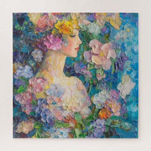 花の中の女性の油絵 ジグソーパズル (縦)