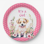 花の中の子犬ガールズベビーシャワーその女の子 ペーパープレート (正面)