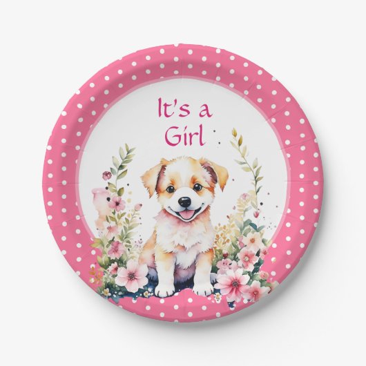 花の中の子犬ガールズベビーシャワーその女の子 ペーパープレート (正面)