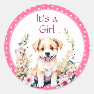 花の中の子犬ガールズベビーシャワーその女の子 ラウンドシール