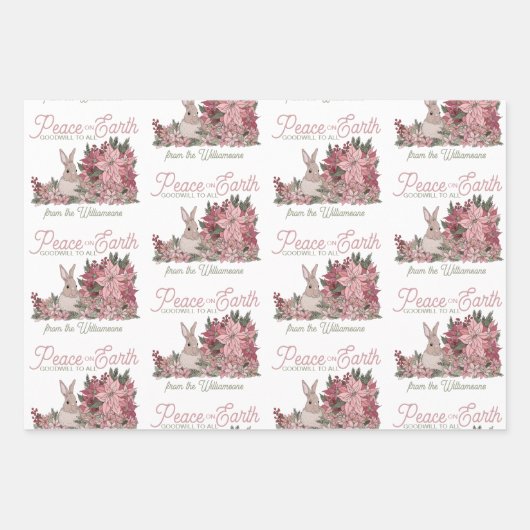 花の中の平和ウサギのクリスマス ラッピングペーパーシート (正面3)