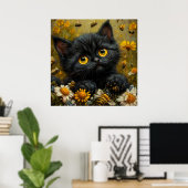 花の中の愛らしい黒猫 ポスター (ホームオフィス)