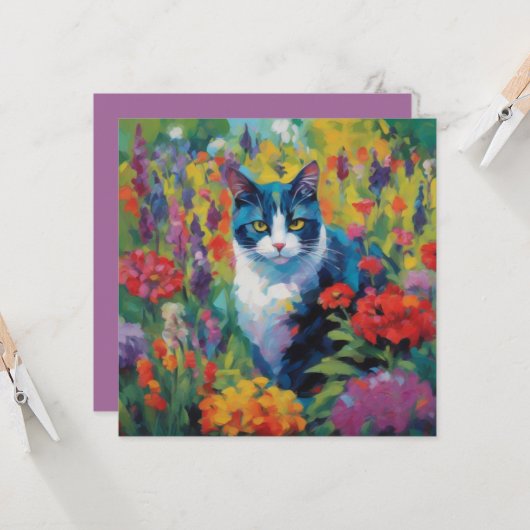 花の中の猫のグリーティングカード カード (正面/裏面インサイチュ)