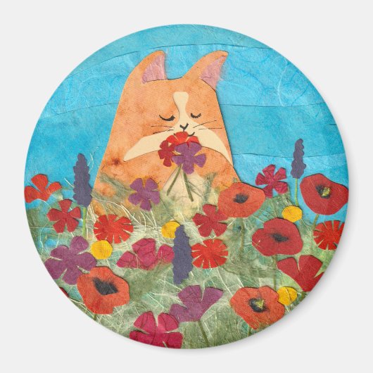 花の中の猫 マグネット (正面)