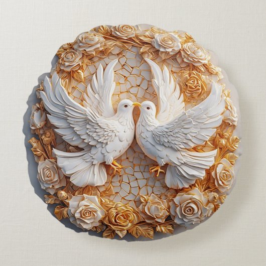 花の中の白い鳩が二羽 ラウンドクッション (正面)