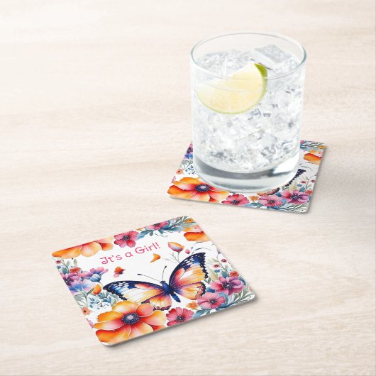 花の中の蝶ガールズベビーシャワー スクエアペーパーコースター (インサイチュ)