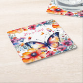 花の中の蝶ガールズベビーシャワー スクエアペーパーコースター (アングル)