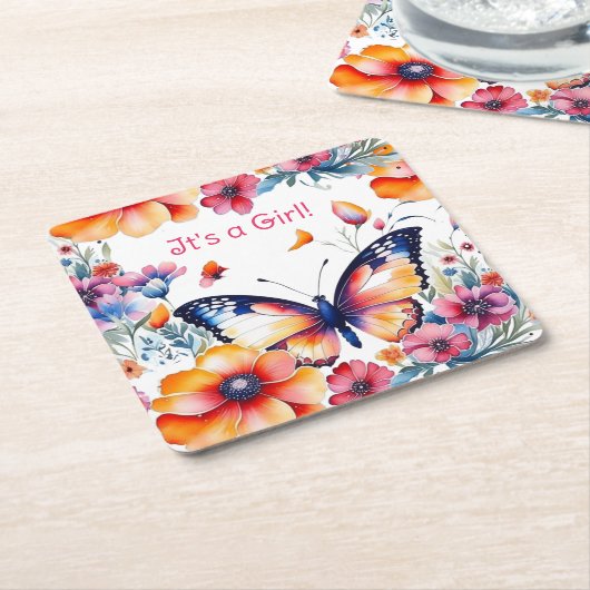 花の中の蝶ガールズベビーシャワー スクエアペーパーコースター (アングル)