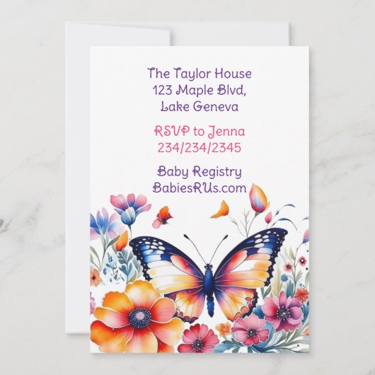 花の中の蝶ガールズベビーシャワー 招待状 (裏面)