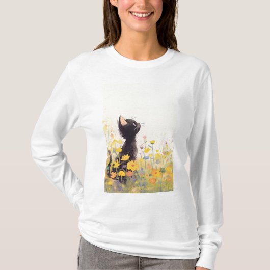 花の中の黒猫 Tシャツ (正面)