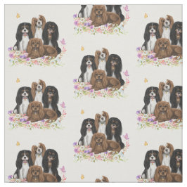 花の中の4つのカバリエールキングチャールズスパニエル犬 ファブリック