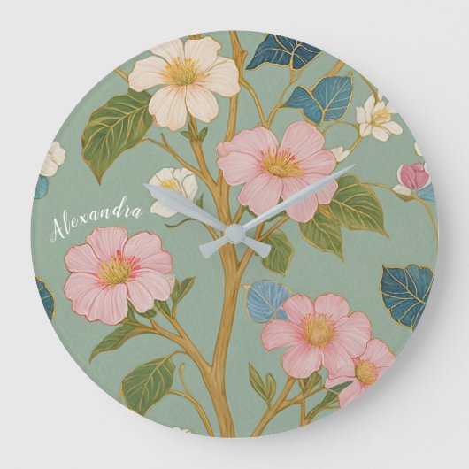 花の中：パステルブランチとピンクの花 ラージ壁時計 (正面)