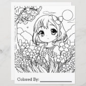 花の付いたアニメの少女 | カラーリングページ (正面/裏面)