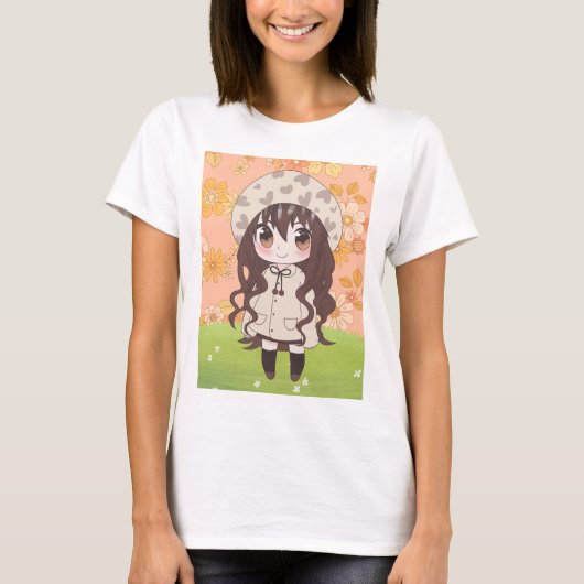 花の付いたアニメガール Tシャツ (正面)